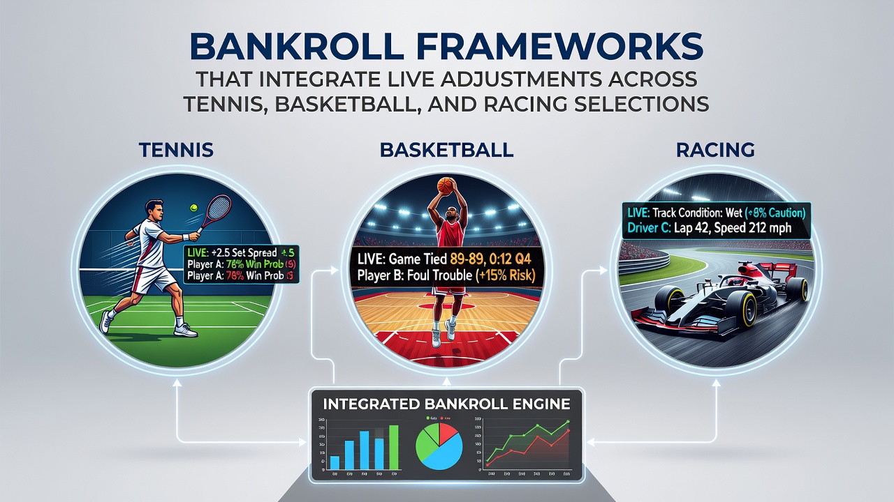 Bankroll management dashboard displaying live adjustments for tennis, basketball, and racing selections