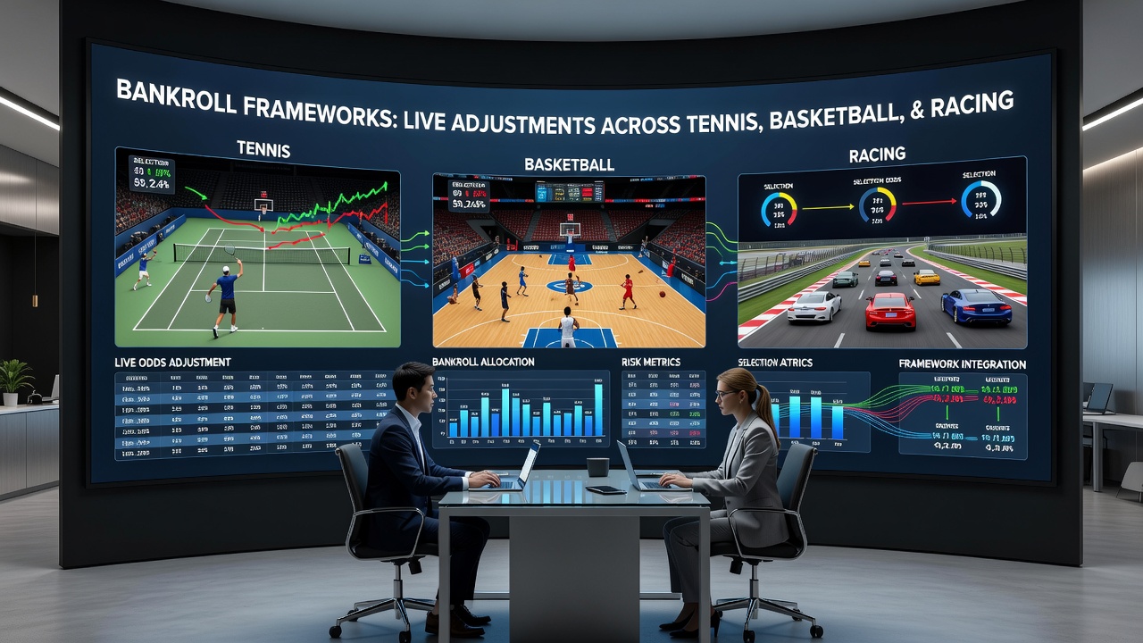 Live data interface showing simultaneous tennis, basketball, and racing bankroll allocations