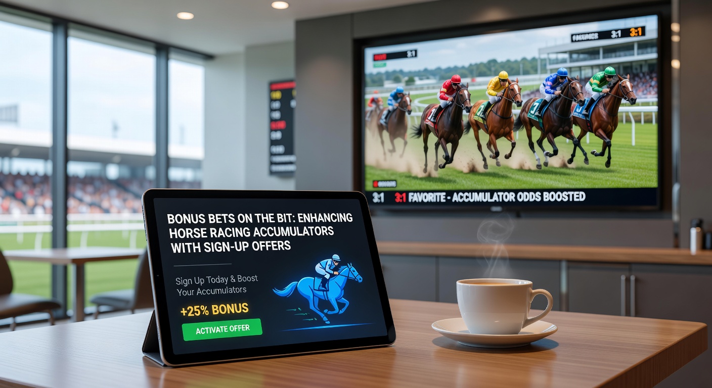 Vibrant scene of galloping horses on a racetrack with overlaid graphics showing accumulator bets and bonus offer icons, capturing the thrill of enhanced wagering