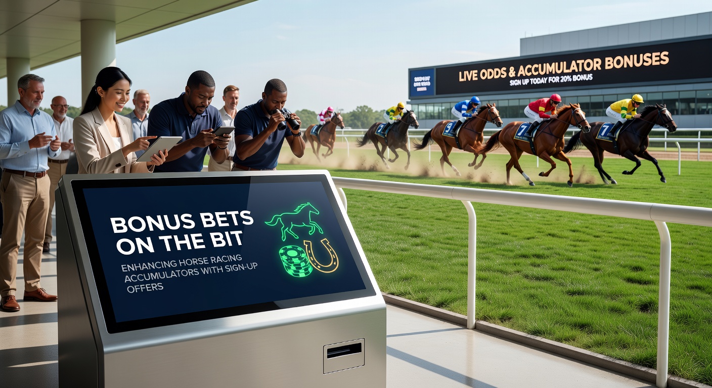 Close-up of a betting slip for a horse racing accumulator enhanced by bonus bet credits, with trackside action blurred in the background for dynamic effect