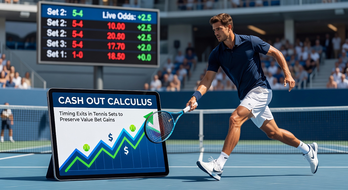 Tennis player mid-serve on clay court during a tense set, highlighting the precise moment bettors evaluate cash-out options to lock in value gains