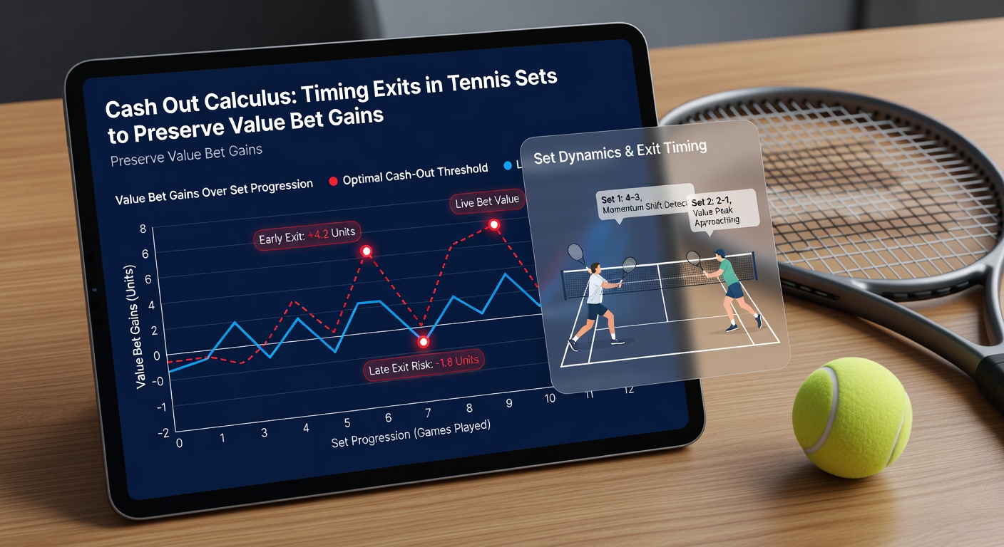 Close-up of tennis scoreboard showing 5-3 set lead with cash-out button highlighted on a betting app, demonstrating real-time exit strategy in action
