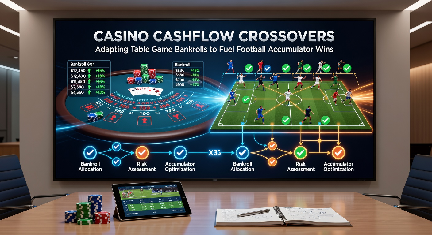 Split graphic of poker chips transforming into a chain of glowing soccer accumulator legs with rising odds multipliers