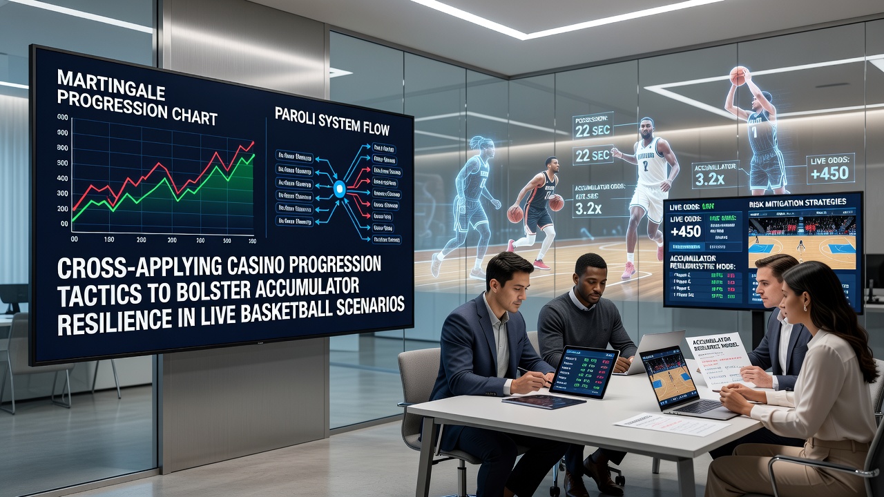 Illustration of casino chip progressions overlaid on a live basketball court scene showing accumulator bet adjustments during a game