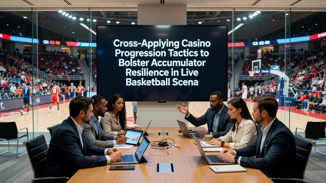 Live basketball game action with overlay graphics depicting stake progression adjustments and accumulator resilience metrics