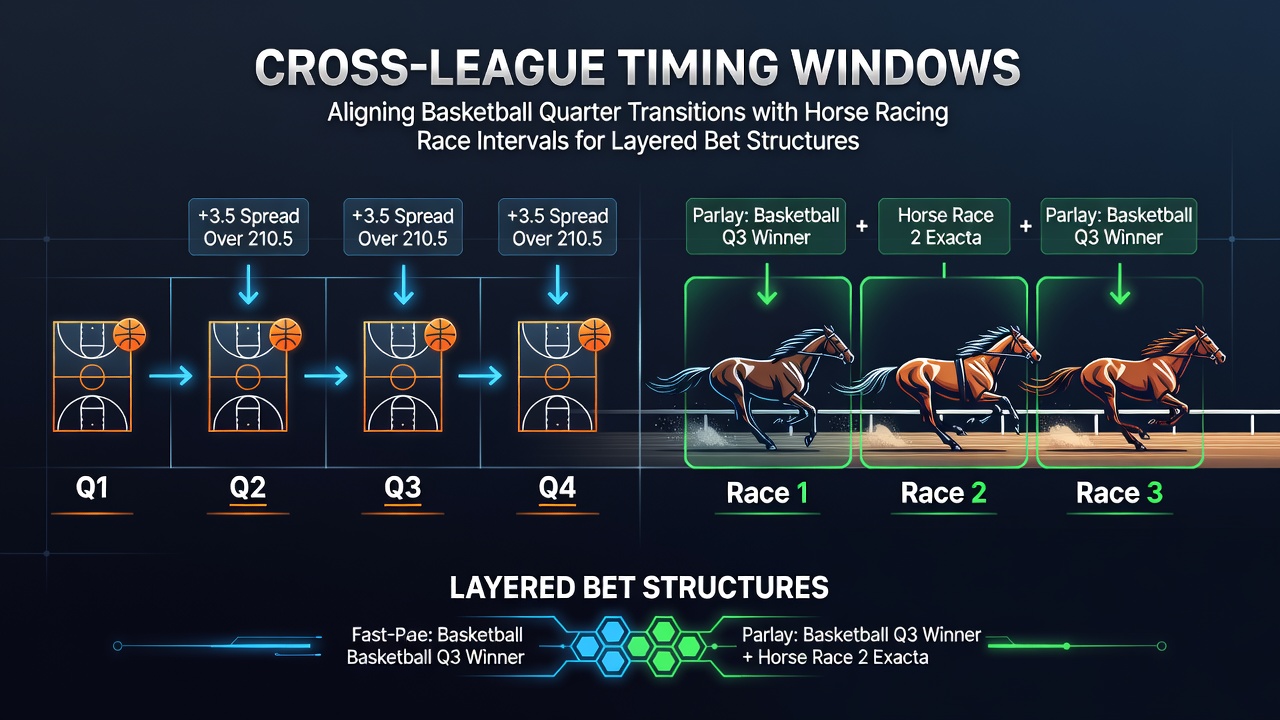 Basketball court transitioning into a horse racing track with timing clocks overlayed