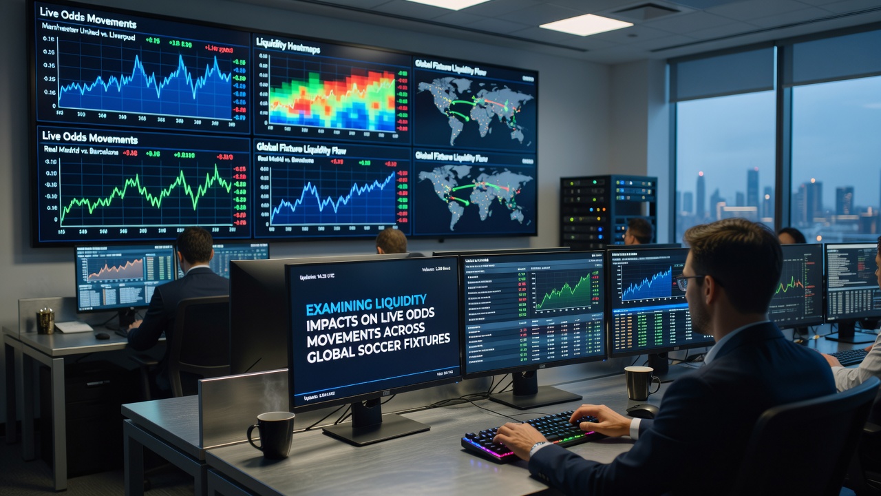 Global soccer stadium with betting market indicators overlay showing liquidity flows during live fixtures