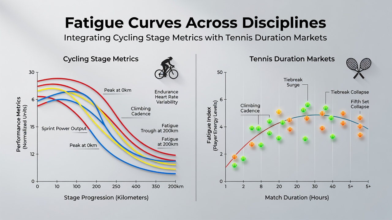 Cycling stage metrics displayed alongside tennis match duration data on performance tracking screens