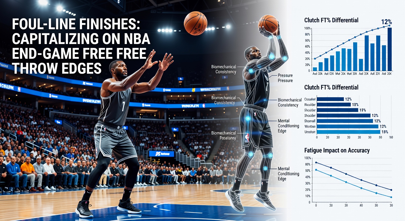 NBA players at the free-throw line during a tense end-game moment, crowd blurred in background