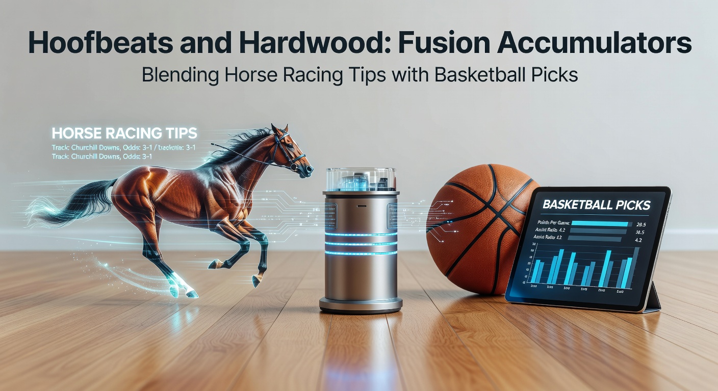 Dynamic graphic showing a galloping racehorse merging into a basketball court with overlaid accumulator bet slips highlighting combined odds