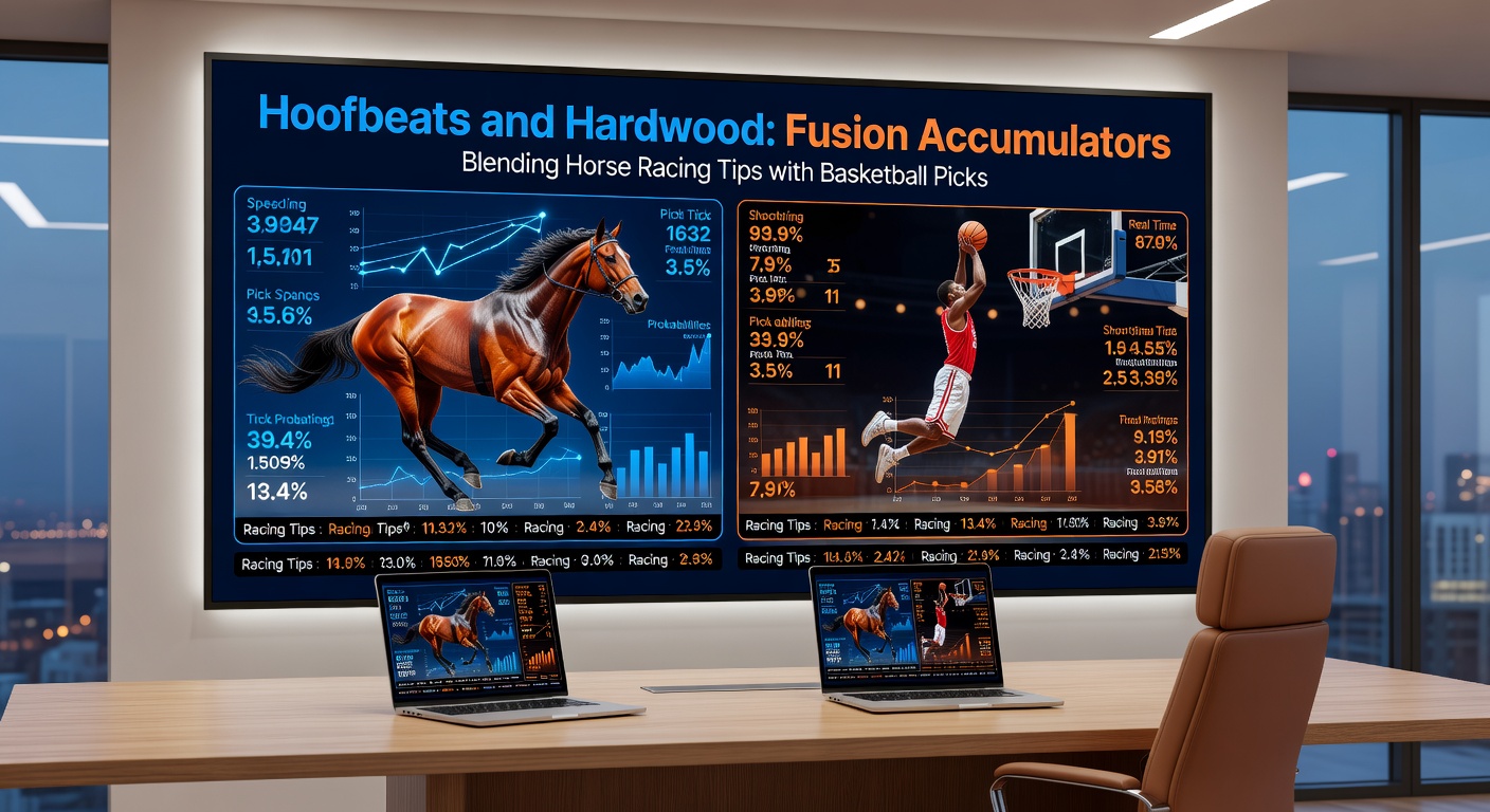 Split-image collage of a packed horse racing grandstand transitioning to an intense NBA overtime buzzer-beater, with statistical overlays on accumulator payouts