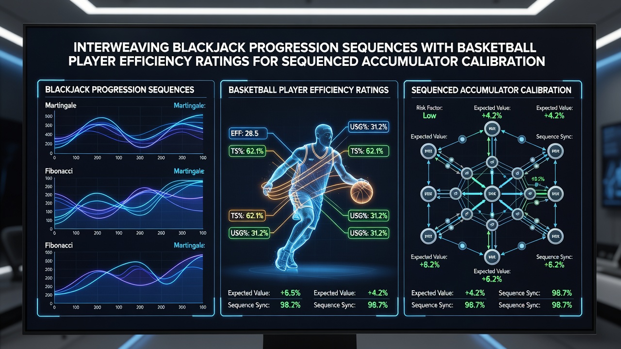Blackjack table layout alongside basketball court statistics overlay showing progression sequences and player efficiency ratings