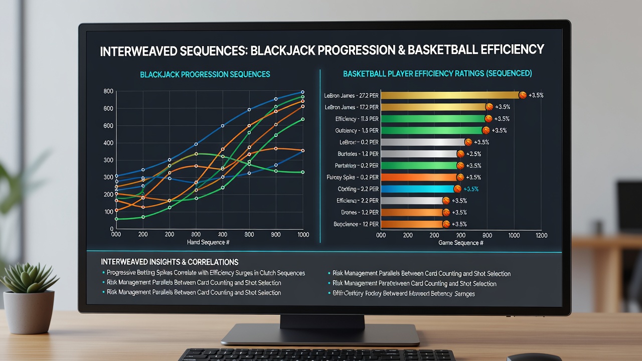 Data visualization chart merging blackjack bet progression curves with basketball player efficiency rating trends for accumulator calibration