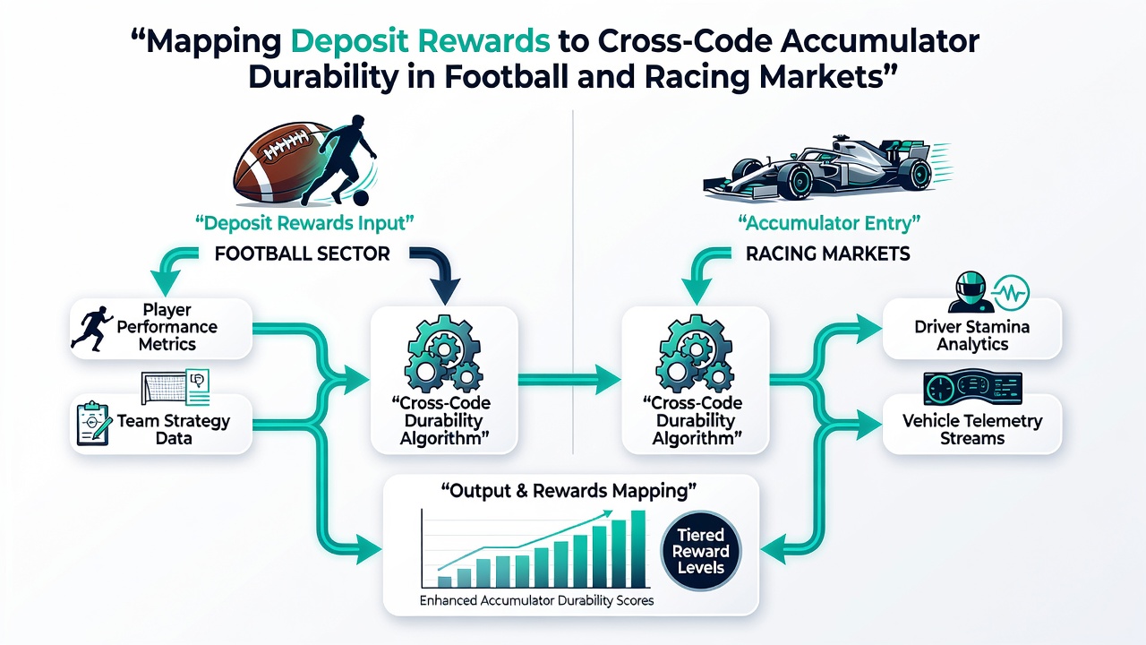 Diagram showing cross-code accumulator pathways with deposit reward overlays in football and racing
