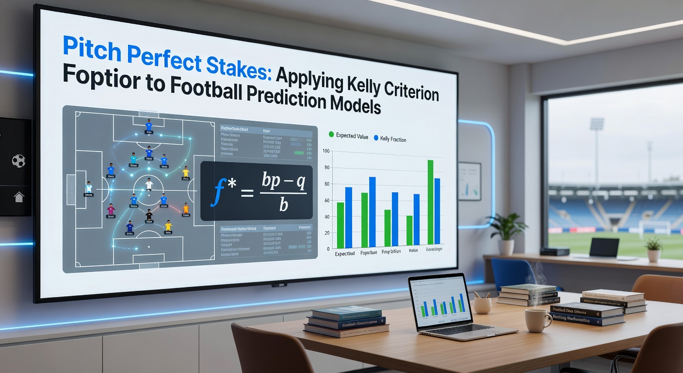 Visual breakdown of Kelly Criterion formula application to a hypothetical Premier League match prediction, showing probability inputs, odds, and stake sizing output