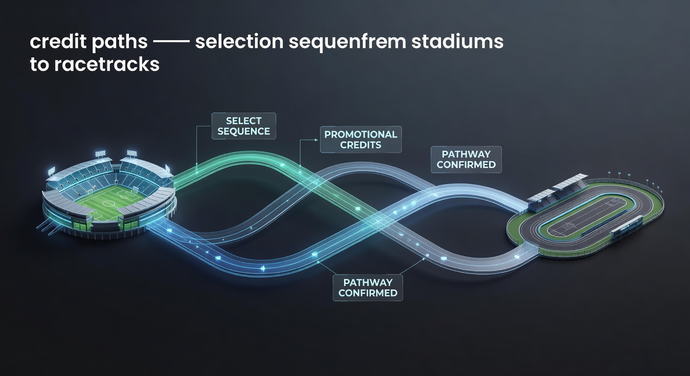 Diagram showing promotional credit flows from stadium events into racetrack betting sequences