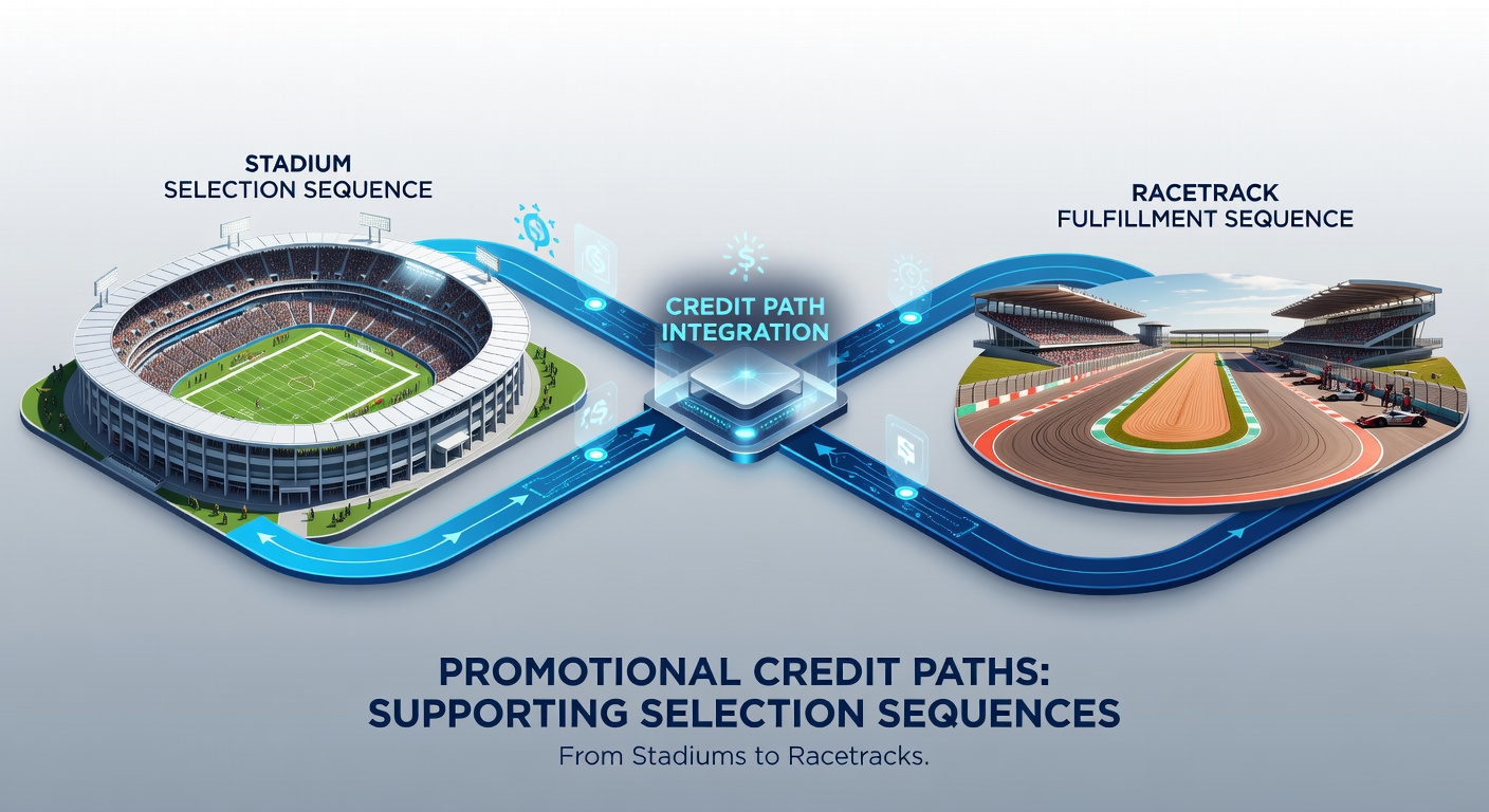 Illustration of accumulator chain moving from stadium basketball to horse racing events with credit overlays