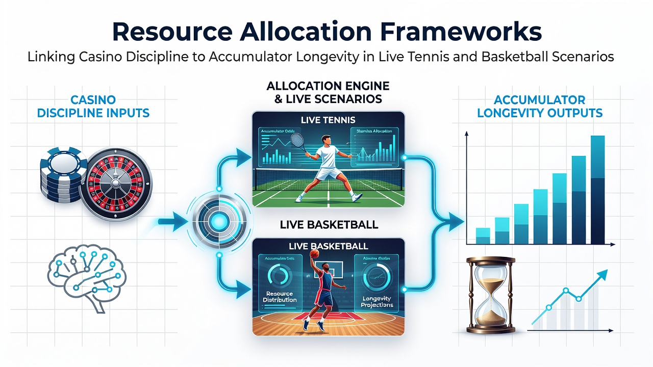 Diagram showing resource allocation flow from casino progressions into tennis and basketball accumulator structures