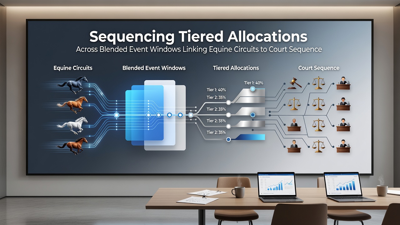Timeline illustration of blended event windows connecting morning horse races to afternoon and evening tennis and basketball matches