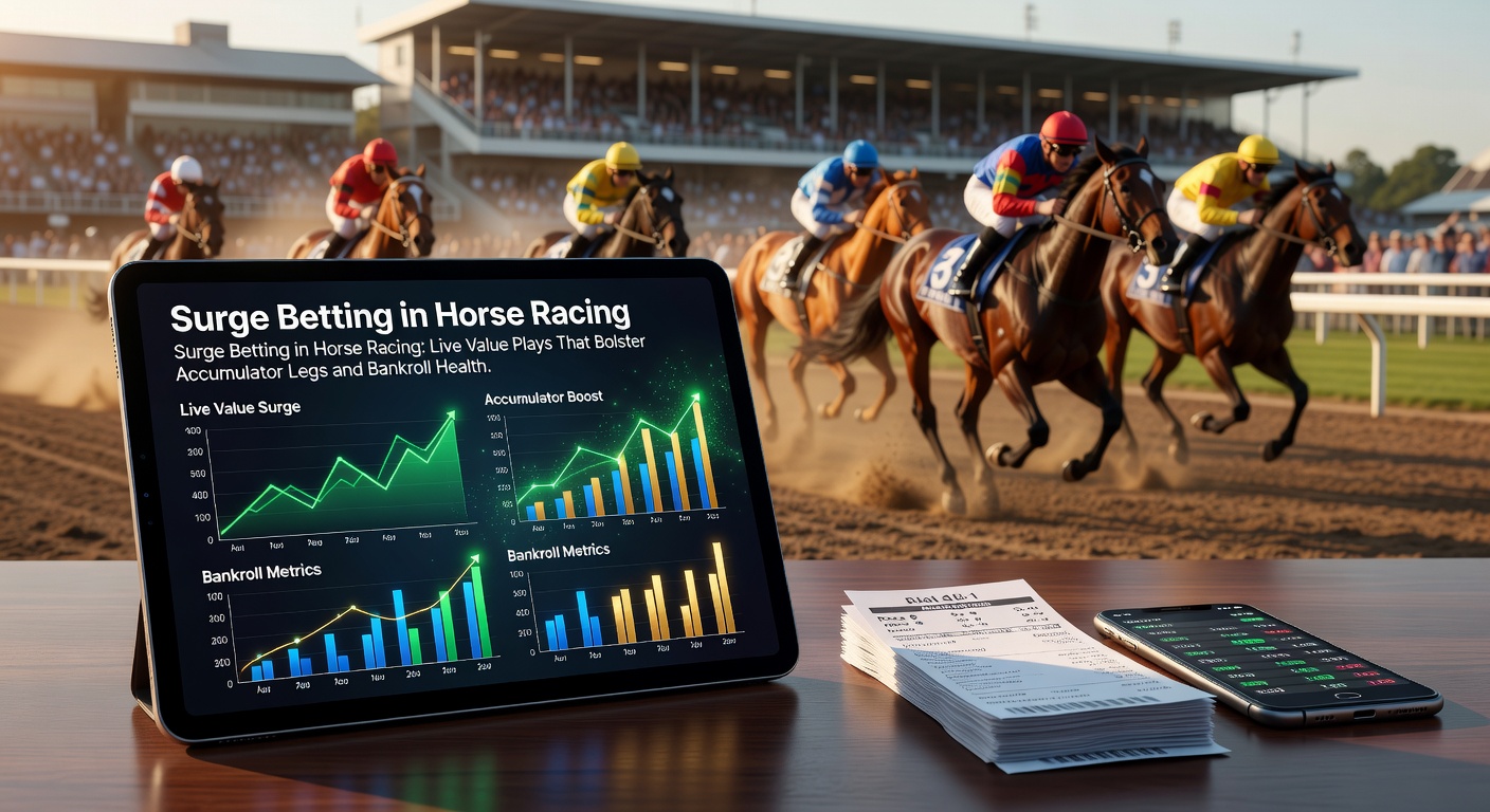 Dynamic horse race scene showing live odds fluctuations on a betting interface, highlighting surge opportunities mid-race