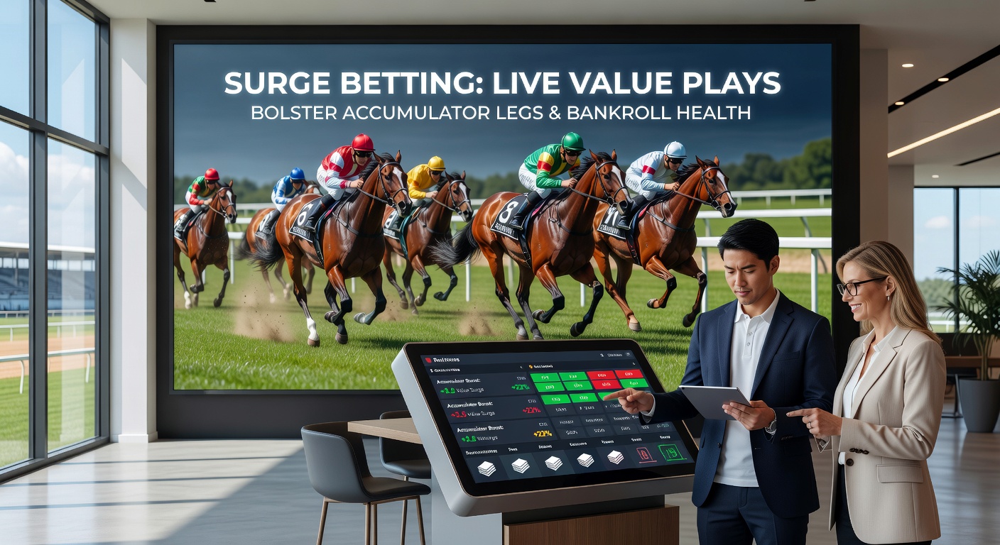 Close-up of a betting app displaying live horse racing odds surging dramatically, with accumulator stakes highlighted