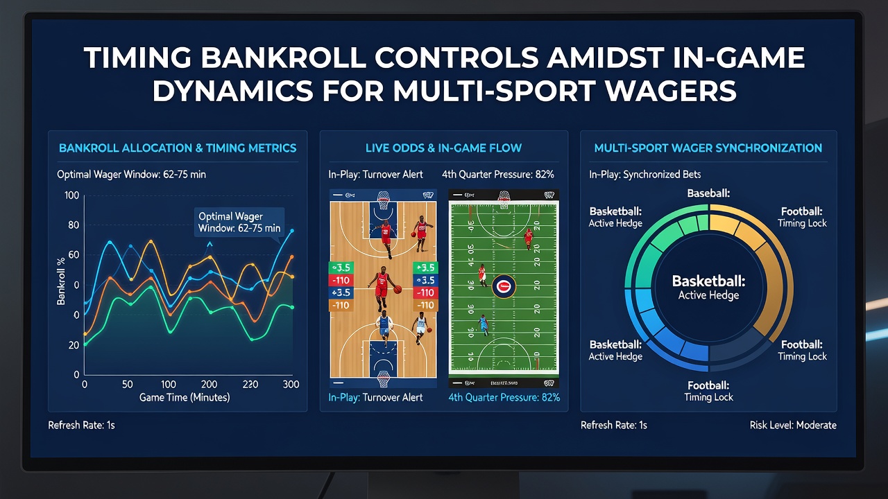 Bankroll timing chart overlaid on live multi-sport betting interface showing odds shifts across football, basketball and tennis markets
