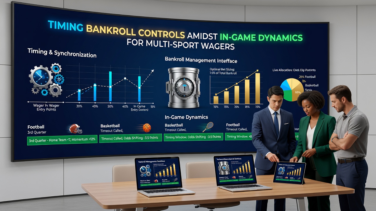 Split-screen view of simultaneous football, basketball and tennis matches with bankroll allocation indicators updating in real time