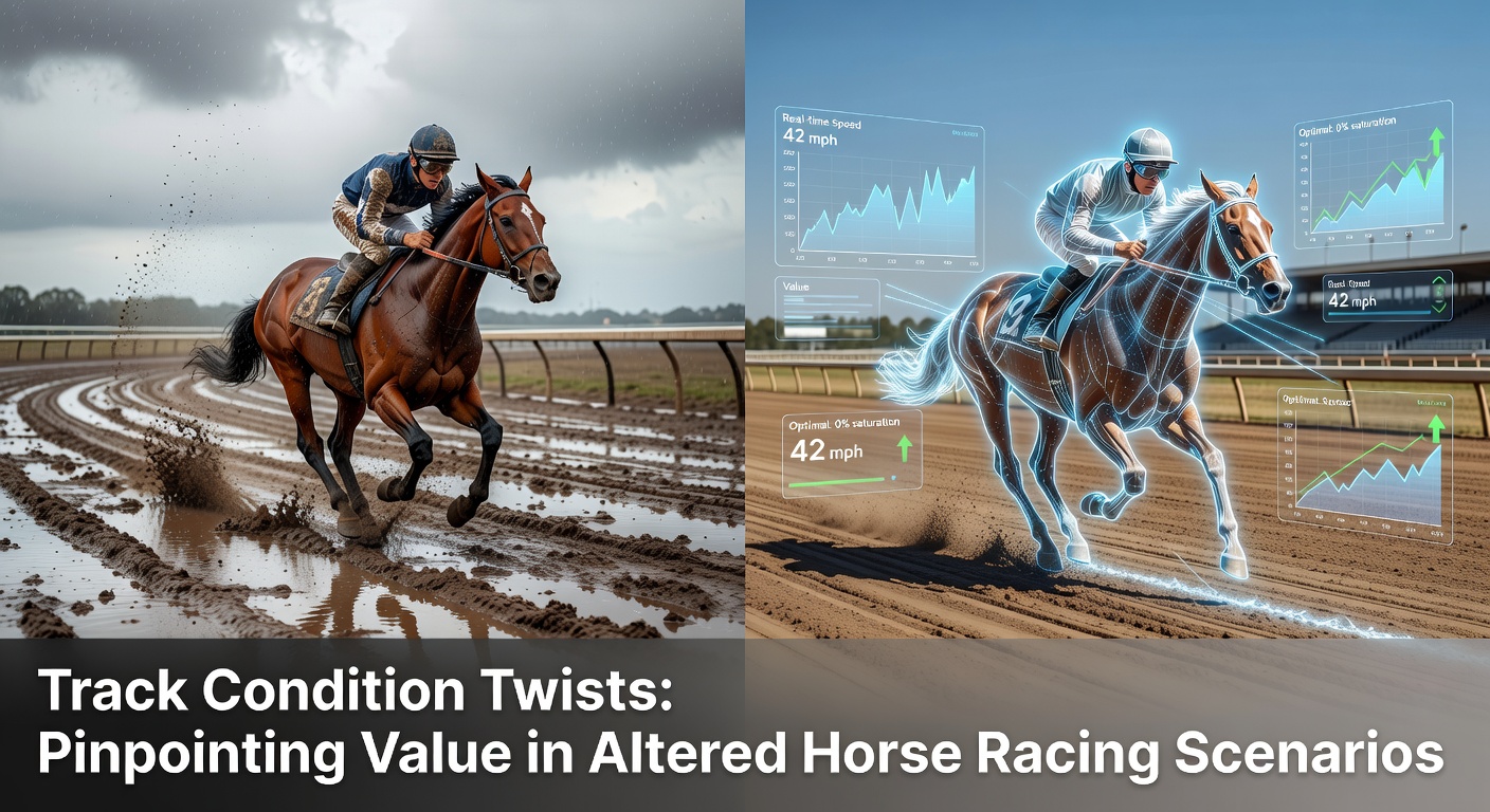 A horse racing track after heavy rain, showing mud-splattered surface and horses navigating the softened ground